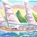 Sailboat and St Lucia Pitons in Caribbean Sailing Scene with Ocean Spray